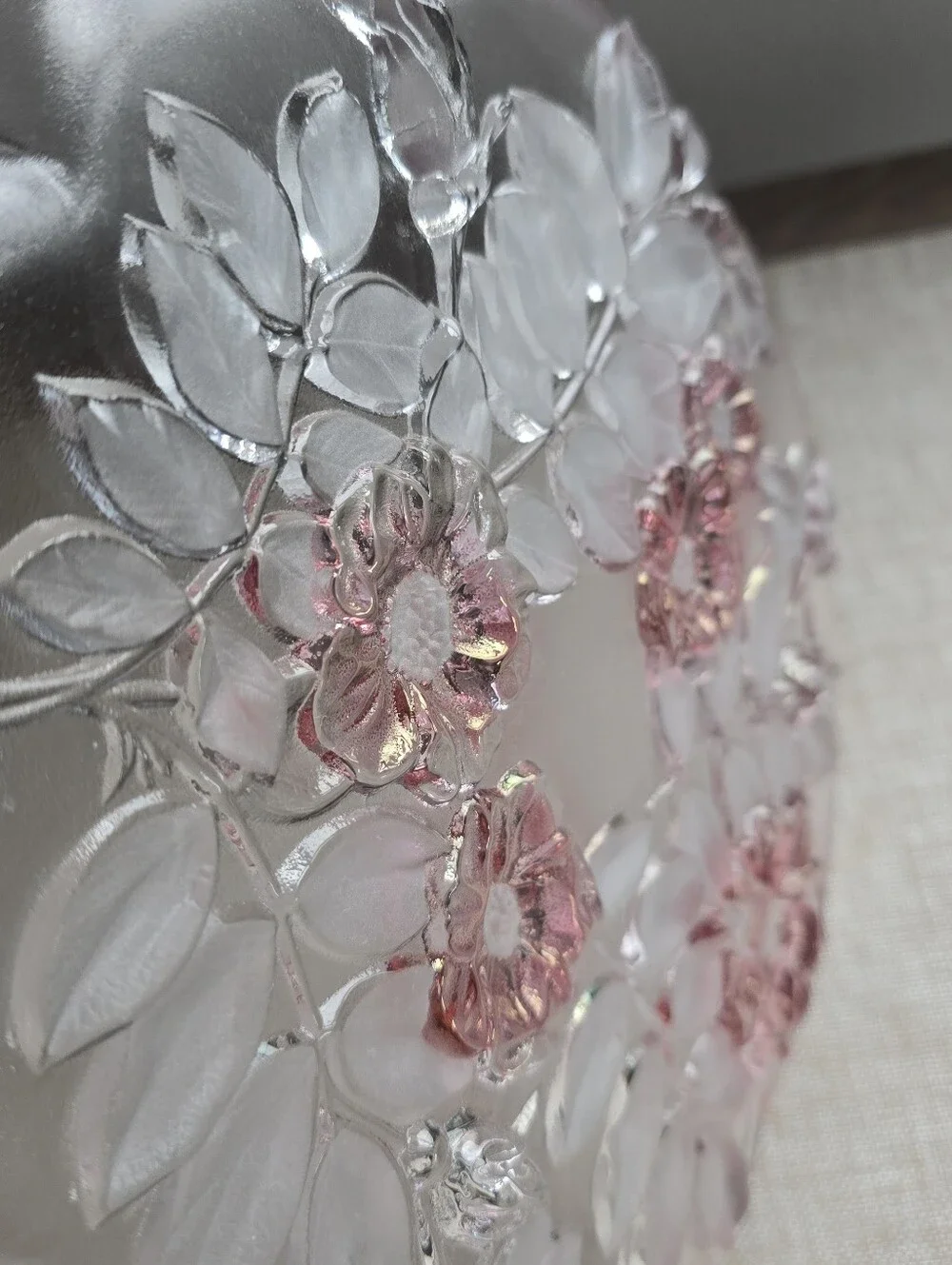 Vintage Frosted Pink Glass Floral Bowl 12